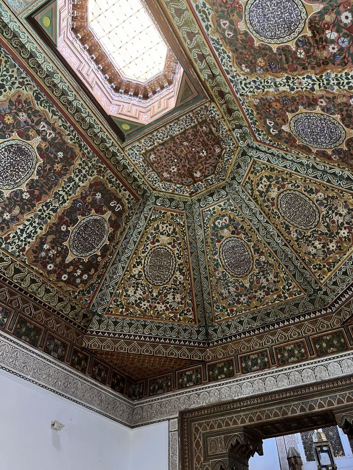A carved and painted cedar ceiling