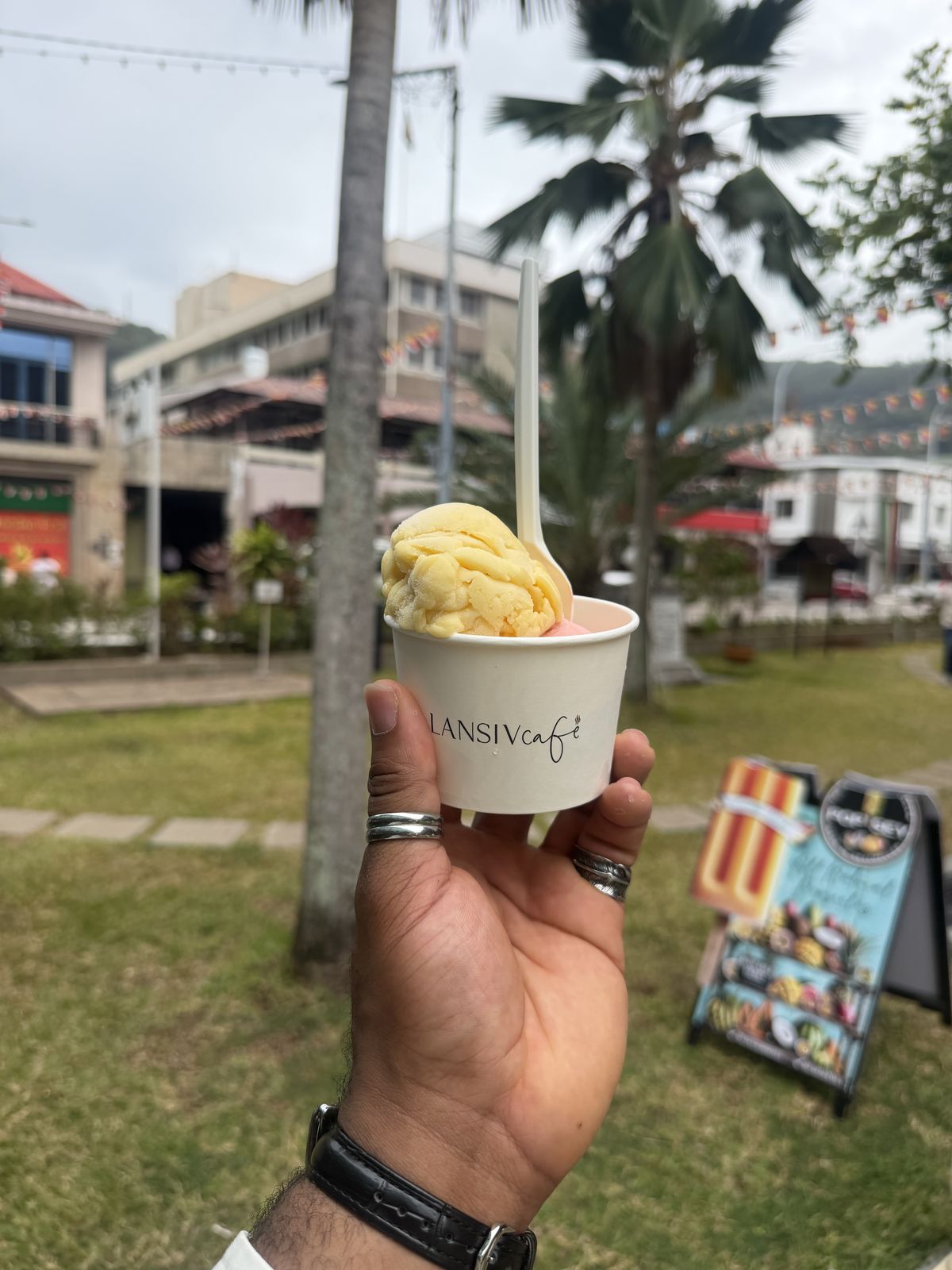 OJ's hand holding a cup of mango ice cream in a palm-lined square
