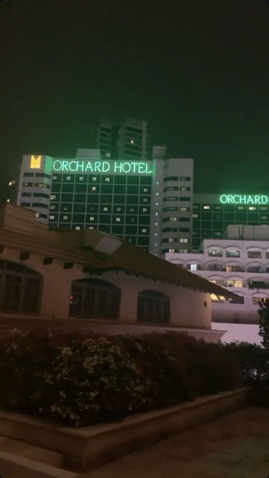 The Orchard Hotel sign lit up at night