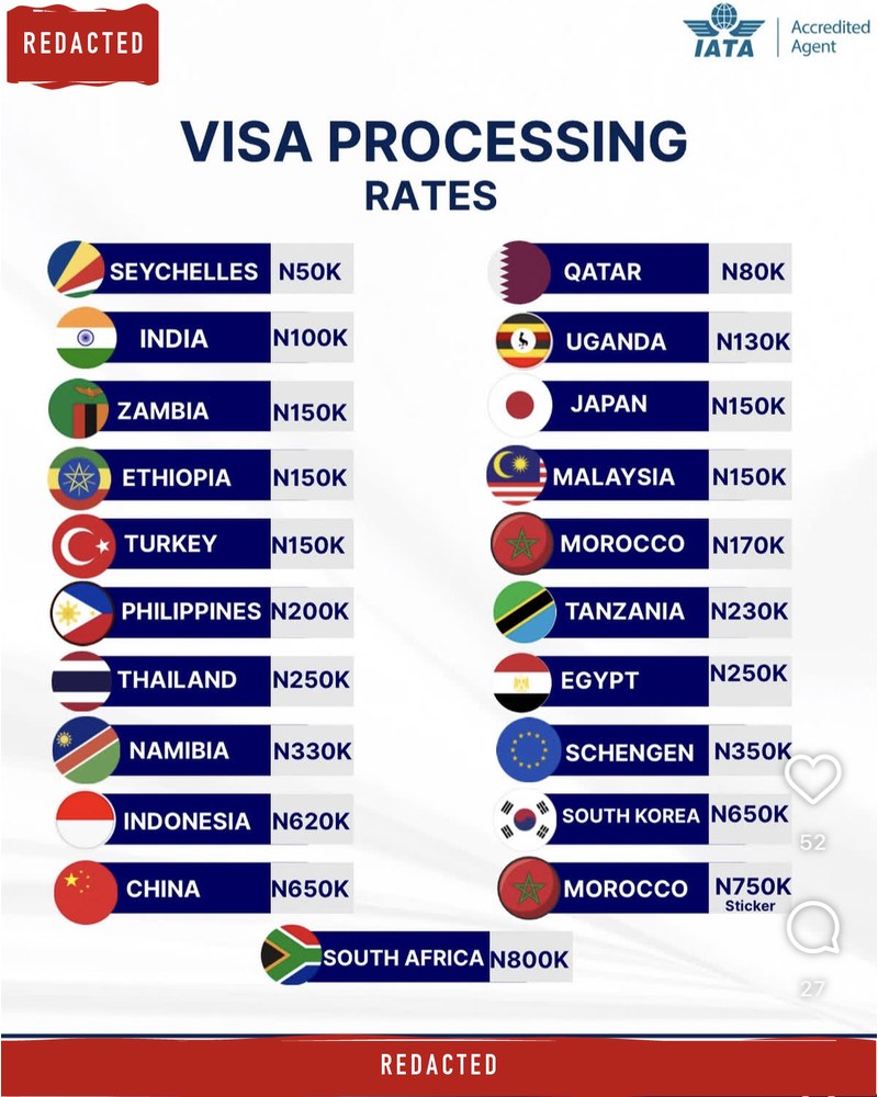 Price list: Seychelles ₦50K, Uganda ₦130K, Qatar ₦80K, Morocco ₦170K, Tanzania ₦230K, Schengen ₦350K, Morocco sticker ₦750K, South Africa ₦800K.