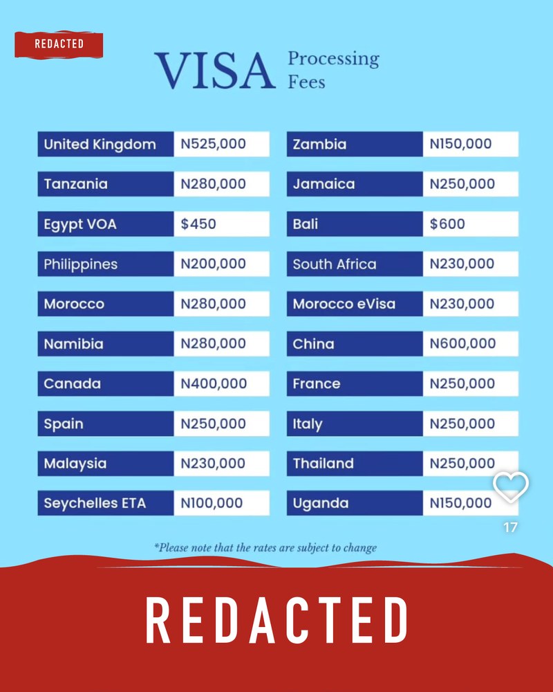 An agency's price list: Seychelles ETA ₦100,000, Uganda ₦150,000, United Kingdom ₦525,000. Agency name and contacts redacted.
