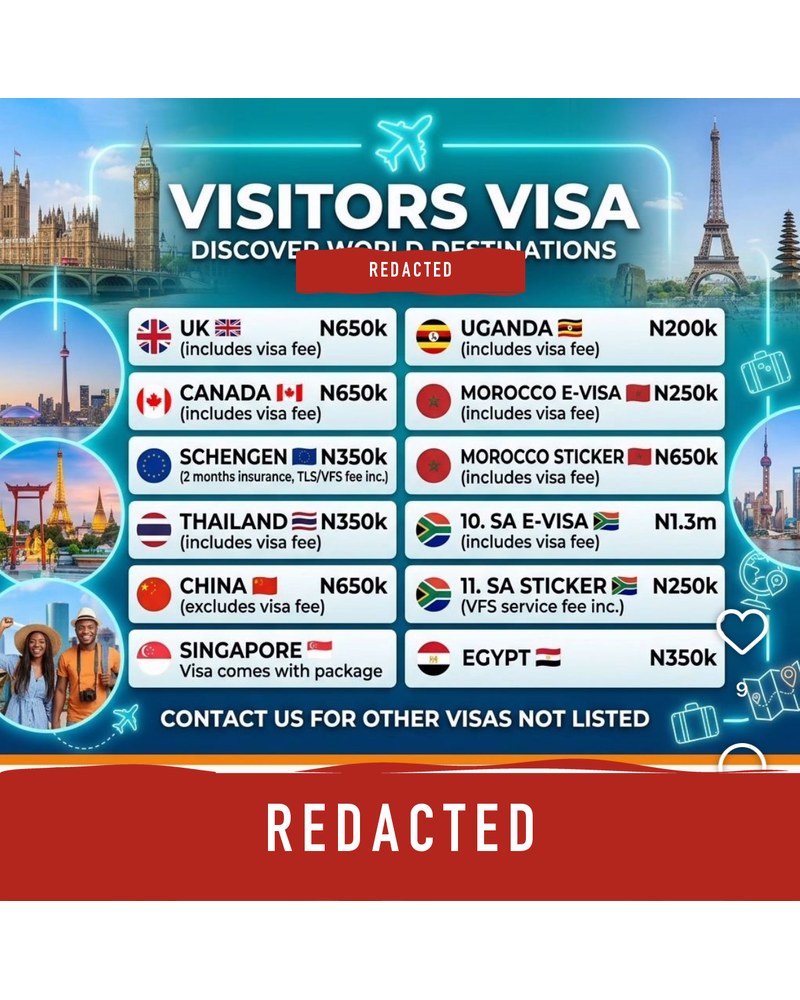 Price list: UK ₦650k including visa fee, Canada ₦650k, Schengen ₦350k with insurance and centre fee, Uganda ₦200k, South Africa e-visa ₦1.3m.