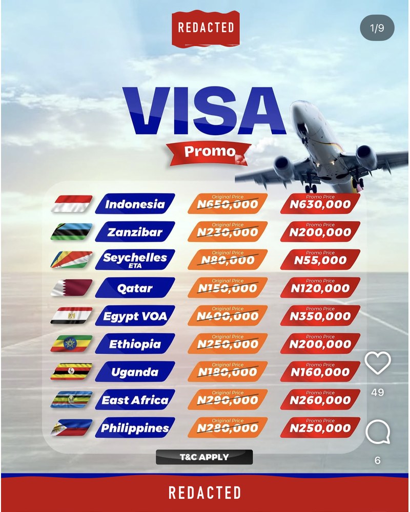 An agency's promo price list: Uganda ₦160,000 (original price ₦180,000), Seychelles ETA ₦55,000. Agency name and contacts redacted.