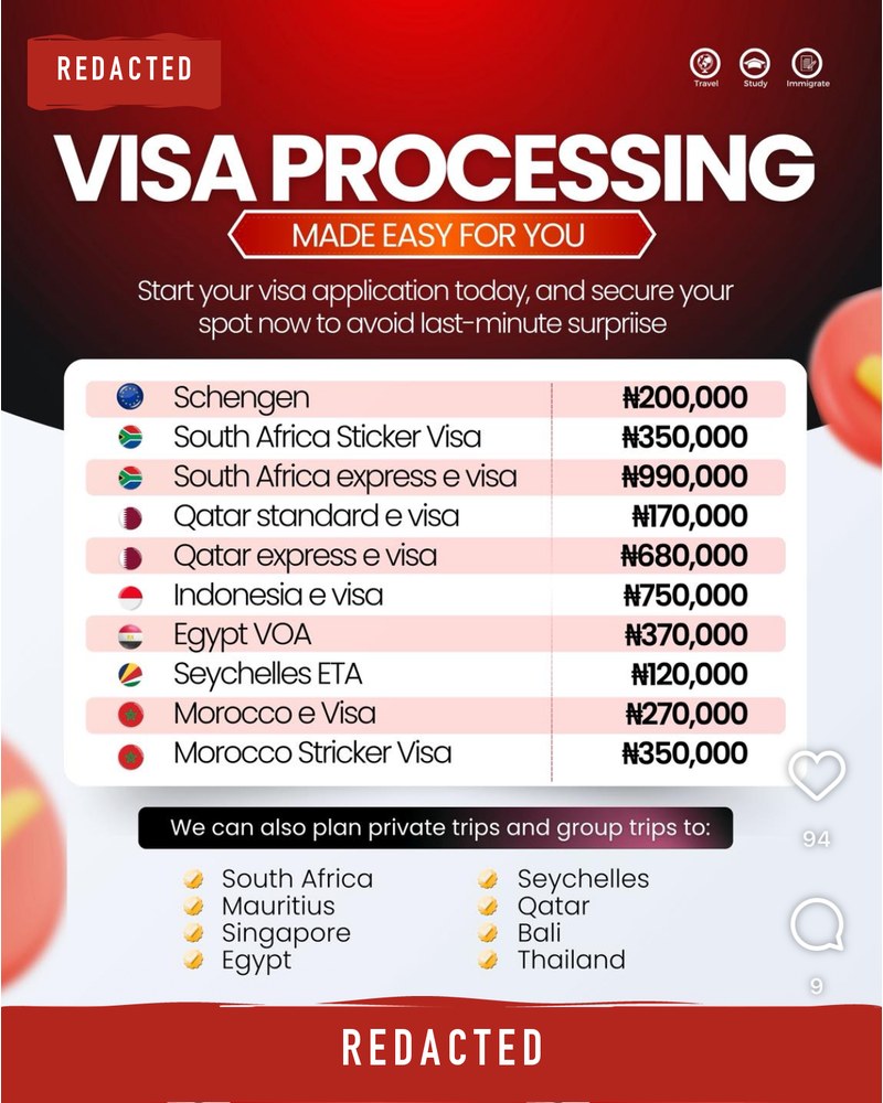 Price list: Schengen ₦200,000, South Africa express e-visa ₦990,000, Qatar express e-visa ₦680,000, Seychelles ETA ₦120,000, Morocco sticker ₦350,000.