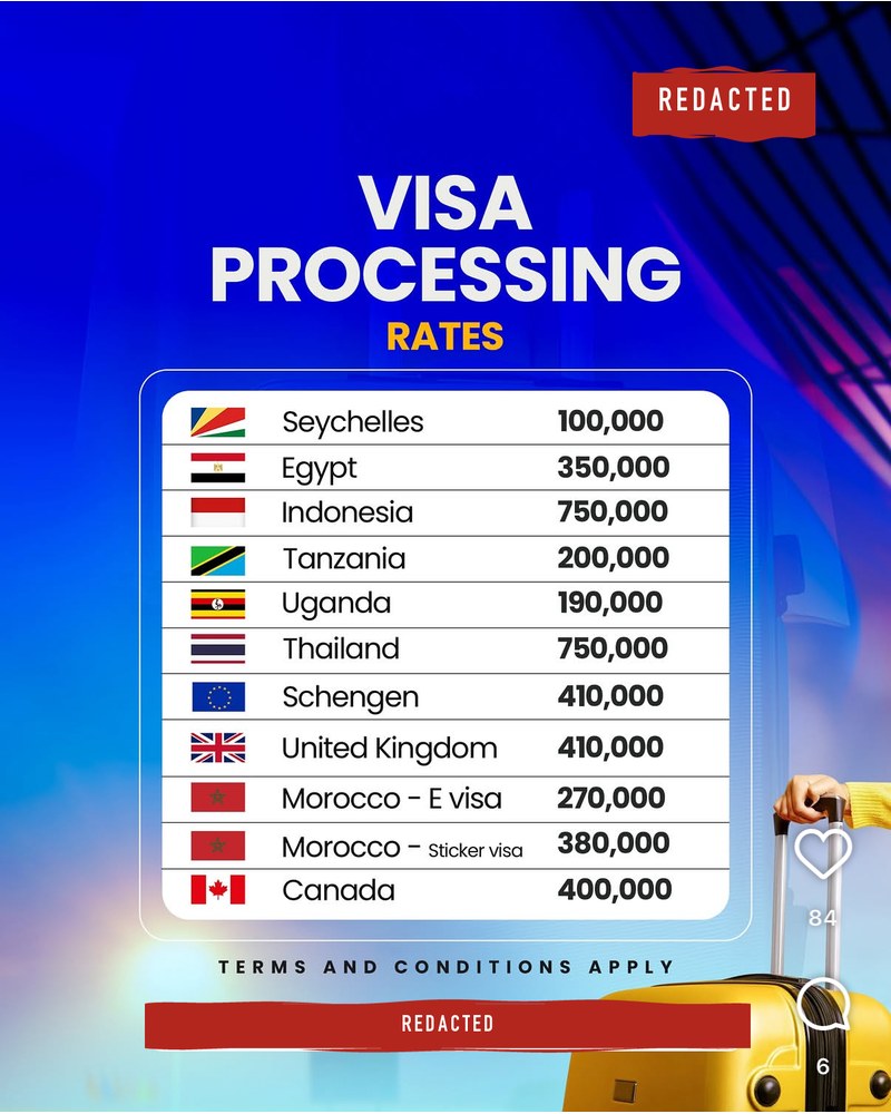 Price list: Seychelles 100,000, Uganda 190,000, Schengen 410,000, United Kingdom 410,000, Canada 400,000.