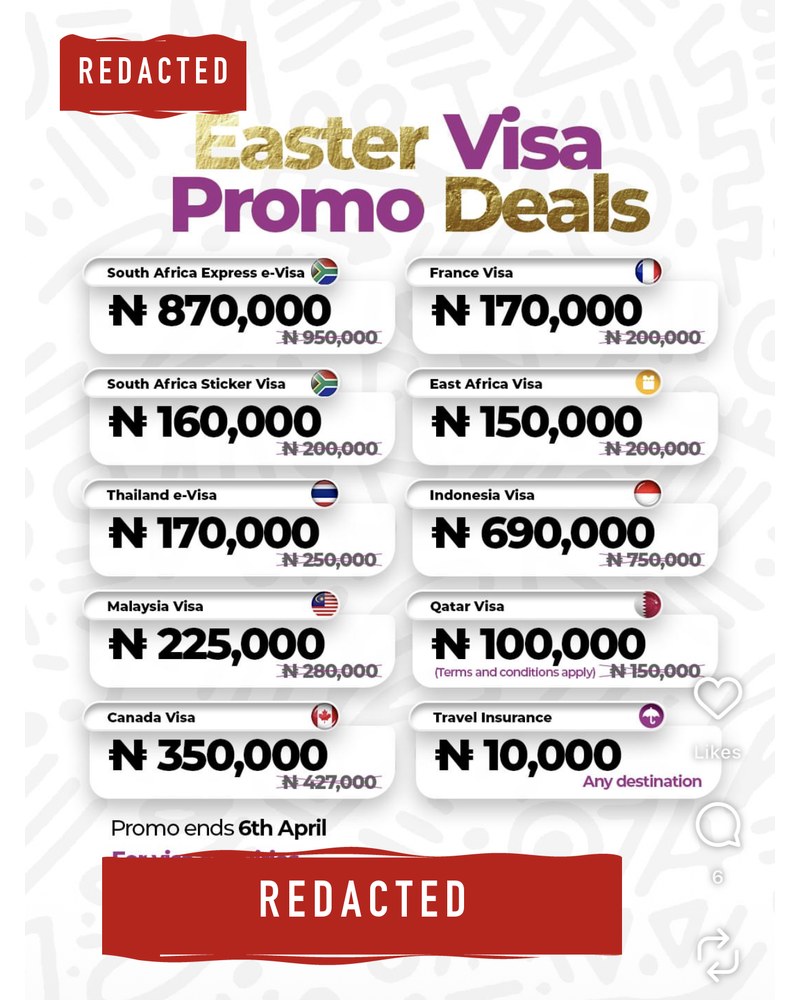 Promo list: South Africa express e-visa ₦870,000, France ₦170,000, Canada ₦350,000, Qatar ₦100,000, travel insurance ₦10,000 for any destination.